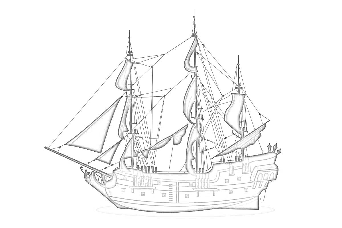 На раскраске изображено: Корабль, Море, Пиратский корабль, Паруса, Старинный корабль