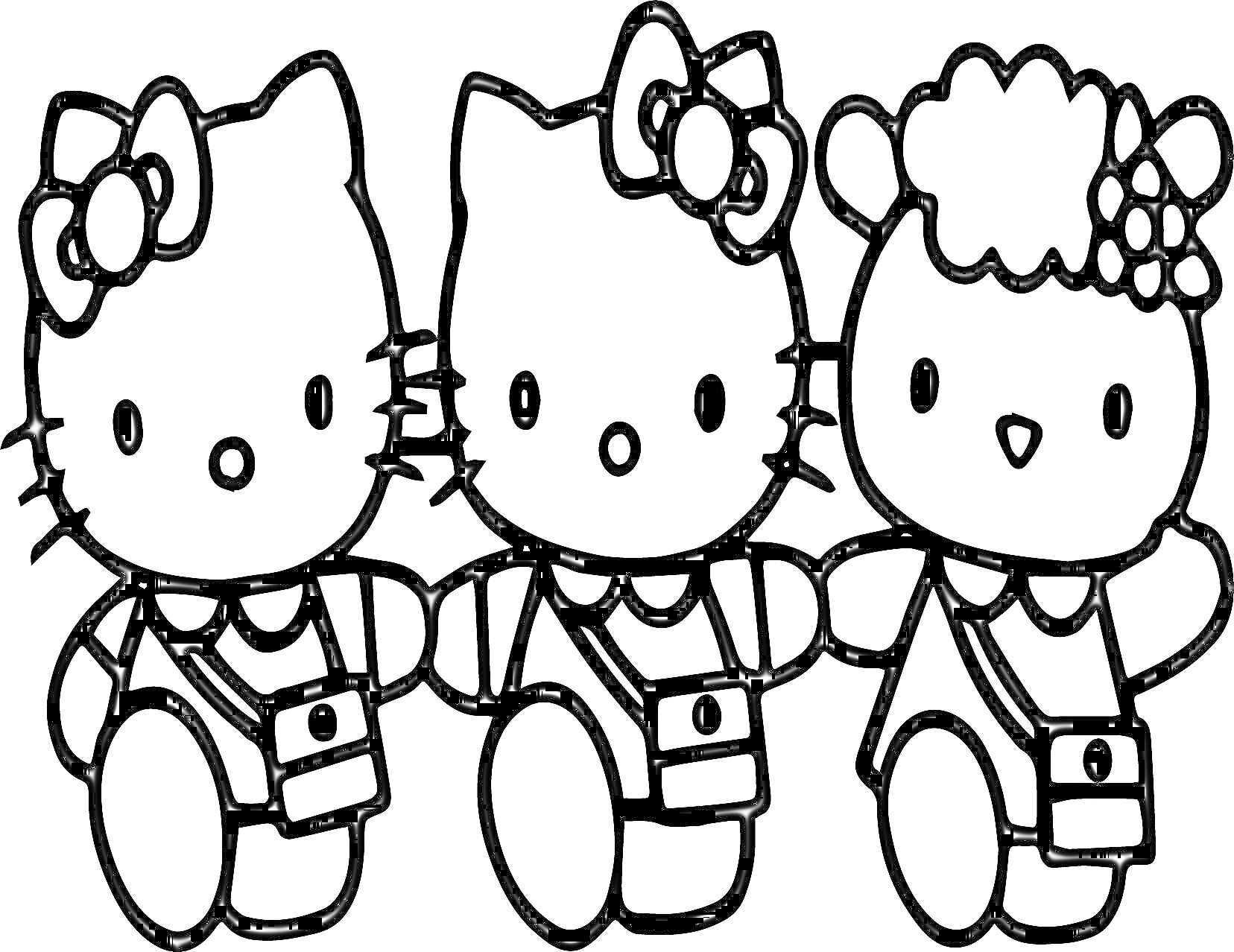 Раскраска Хелоу Кити с двумя друзьями, кошка и медведь с сумками