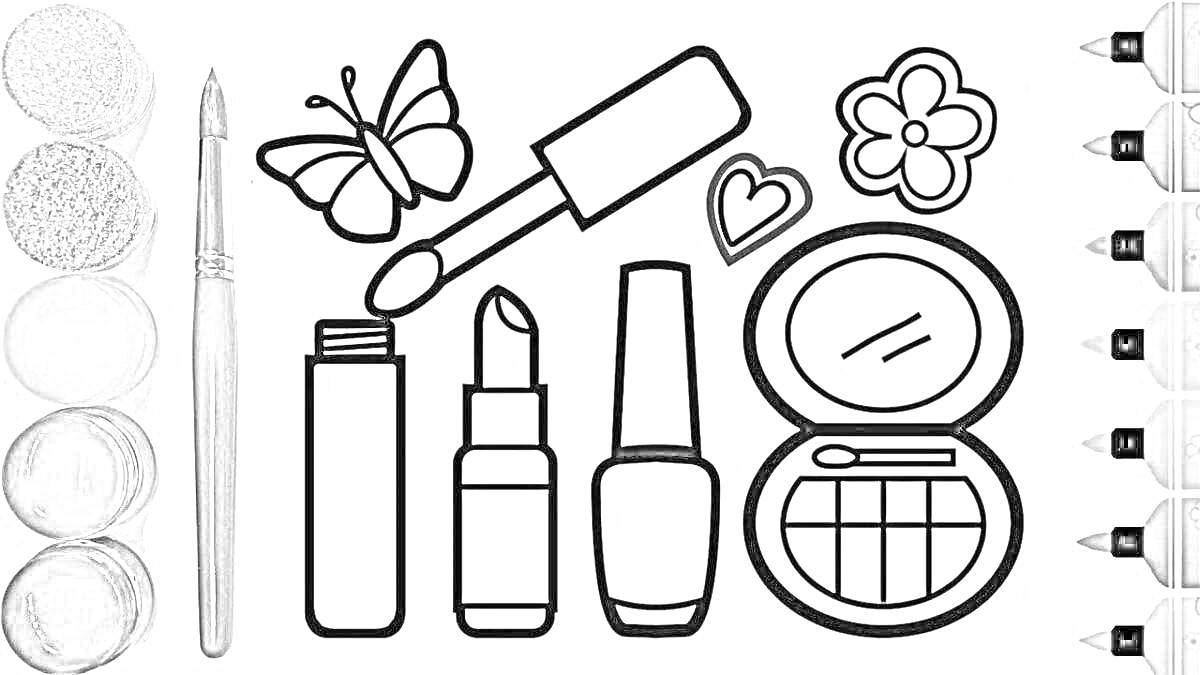 помады, кисточка для макияжа, аппликатор для теней, лак для ногтей, бабочка, цветок и сердце
