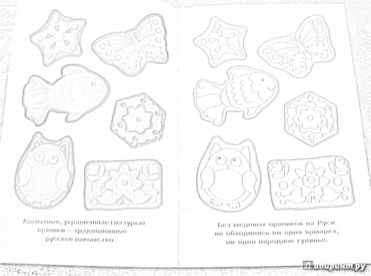 Раскраска Раскраска с тульскими пряниками - пряники в форме бабочки, рыбы, звезды, совы, шестигранника, круглого украшения, прямоугольного украшения с цветочным узором