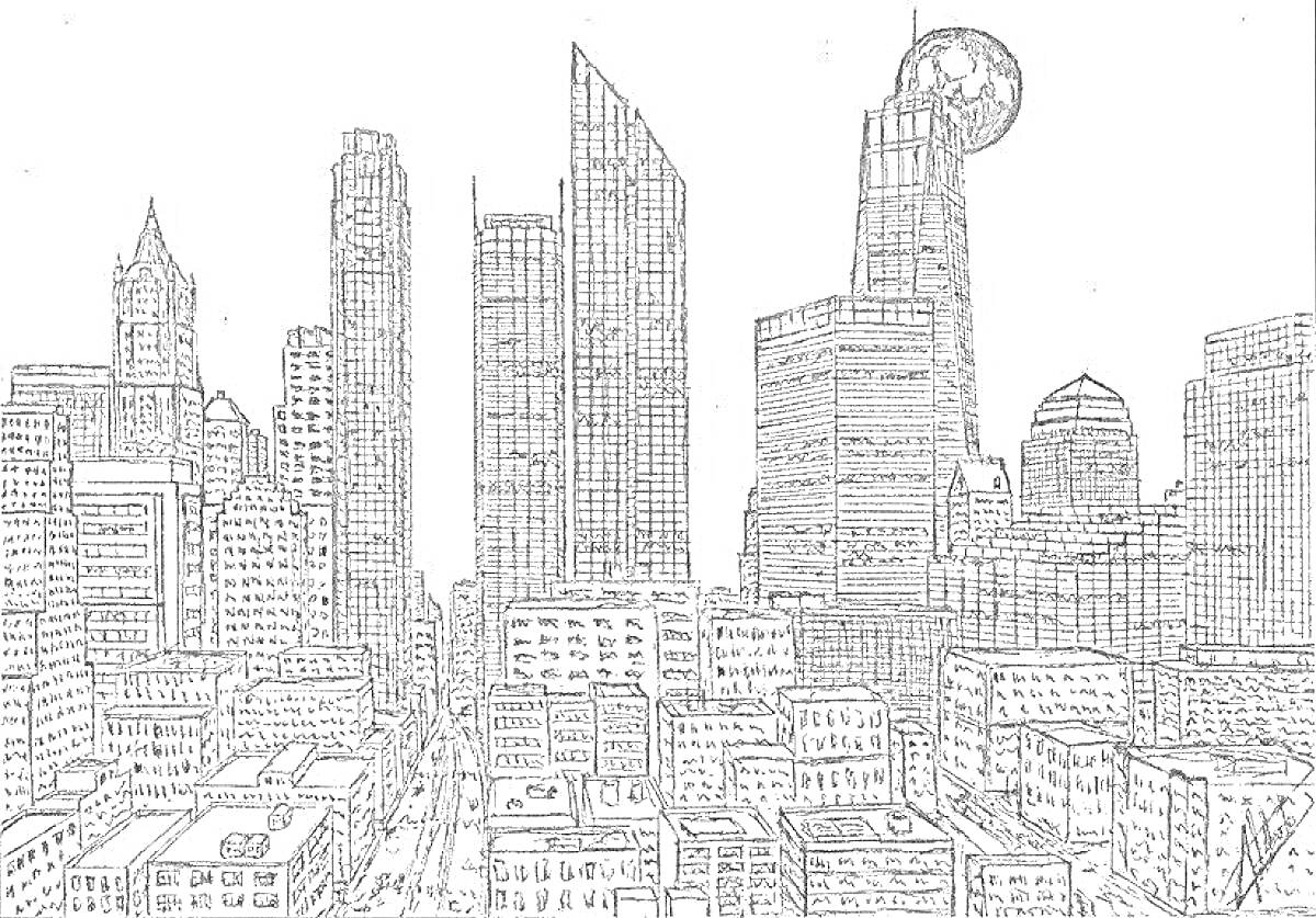 На раскраске изображено: Нью-Йорк, Небоскребы, Здания, Архитектура, Городской пейзаж, Башни