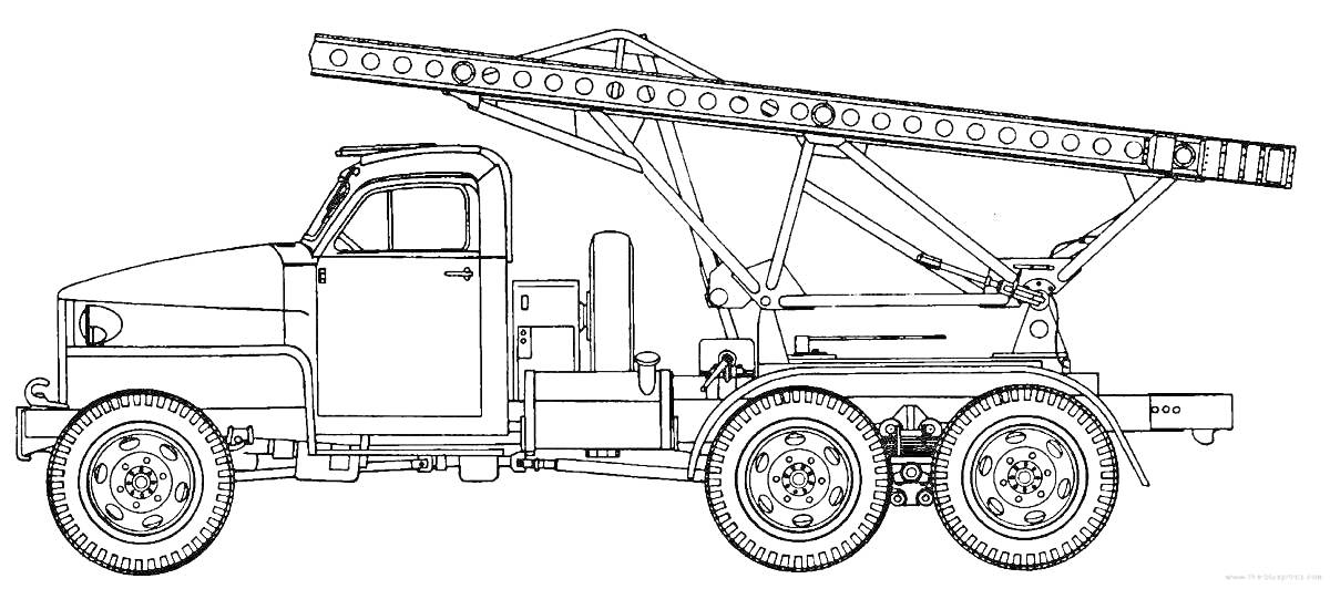 Раскраска Военный грузовик с ракетной установкой 