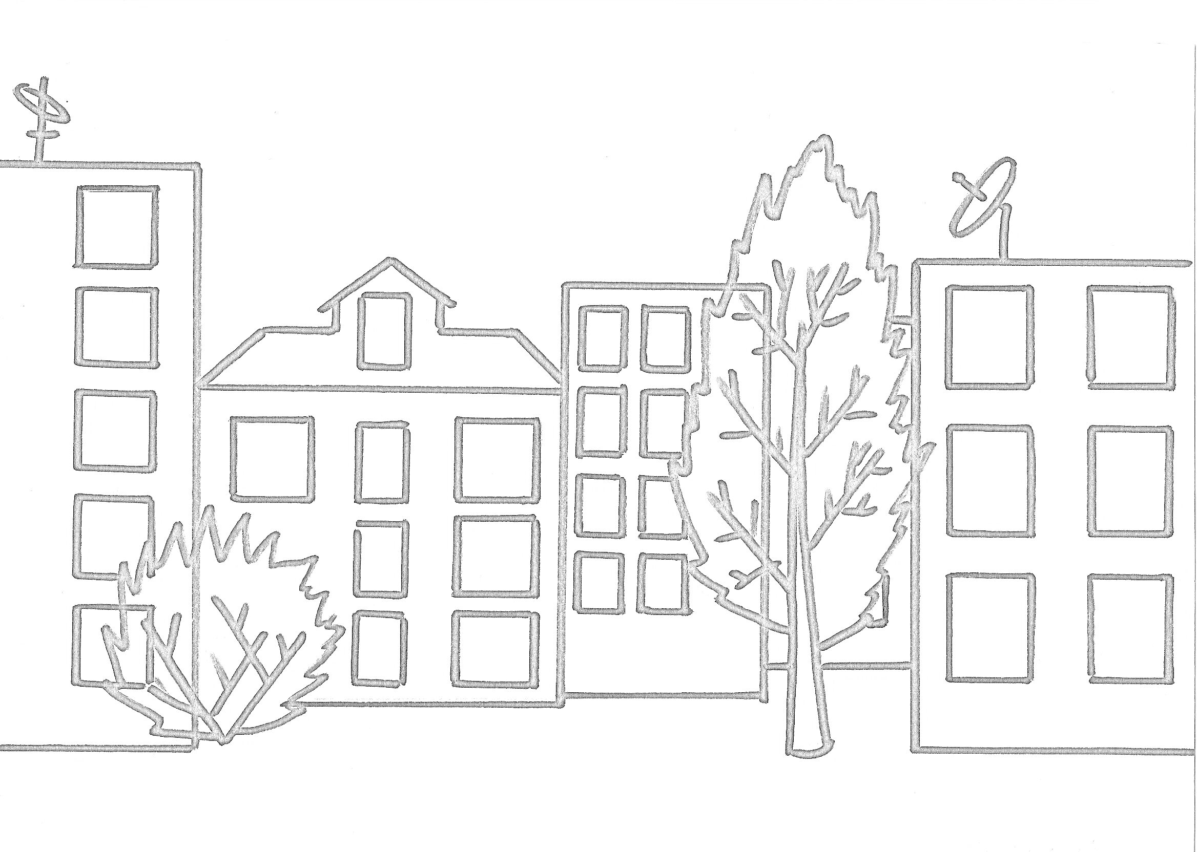 Раскраска Многоэтажные дома с антенной, деревом и кустом