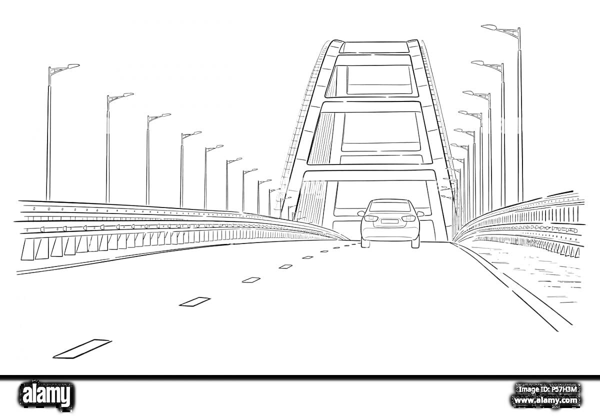 Раскраска Раскраска: Крымский мост, дорога с разметкой и машиной, фонарные столбы по обе стороны, вид с проезжей части
