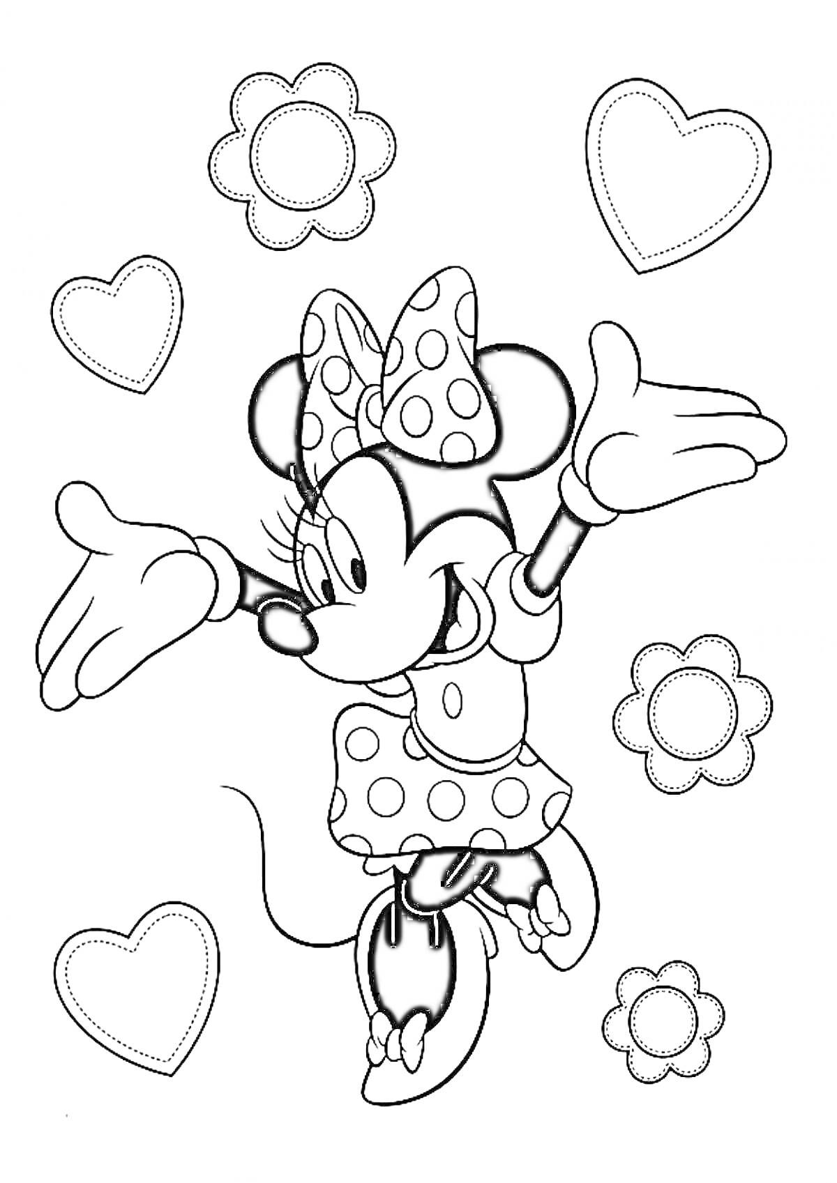 Раскраска Мини Маус в платье с бантом, окруженная цветами и сердечками