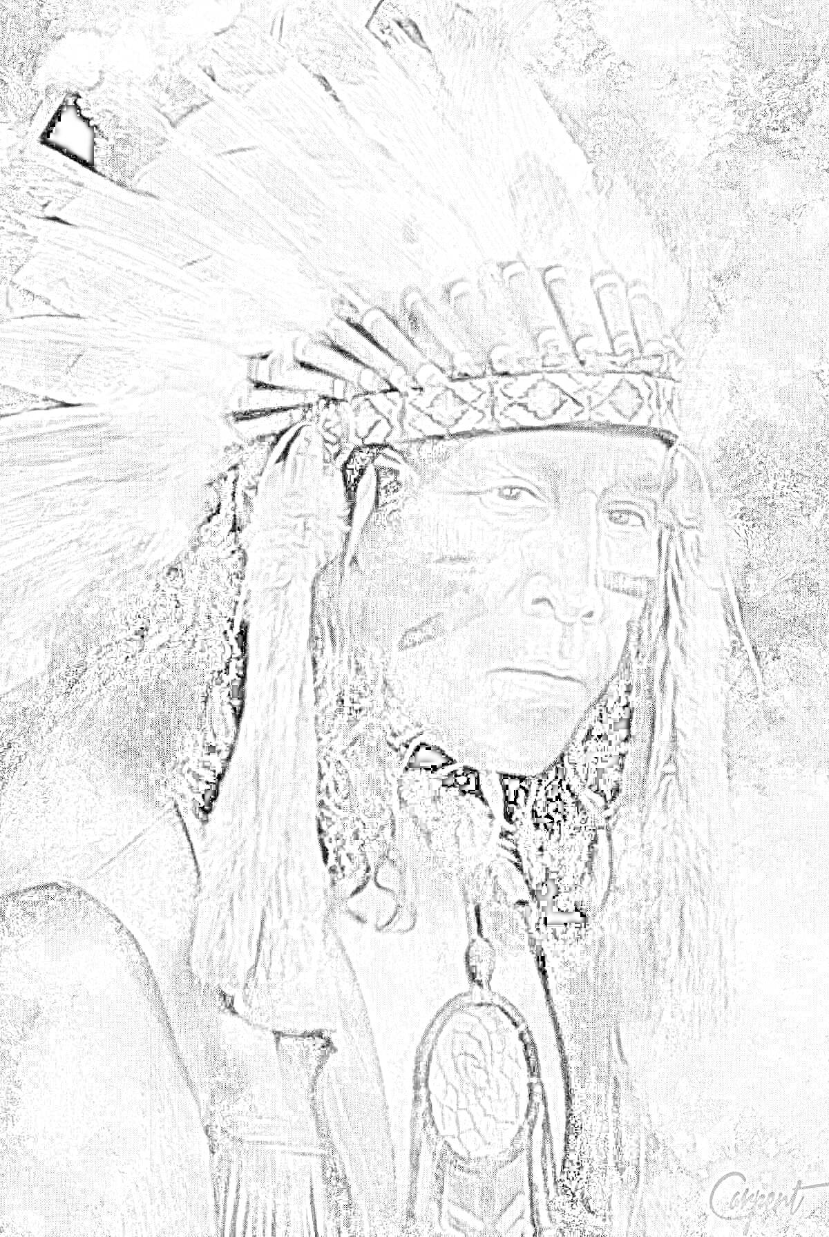 Раскраска Портрет индейца с боевой раскраской, вождь в головном уборе с перьями, амулет на груди