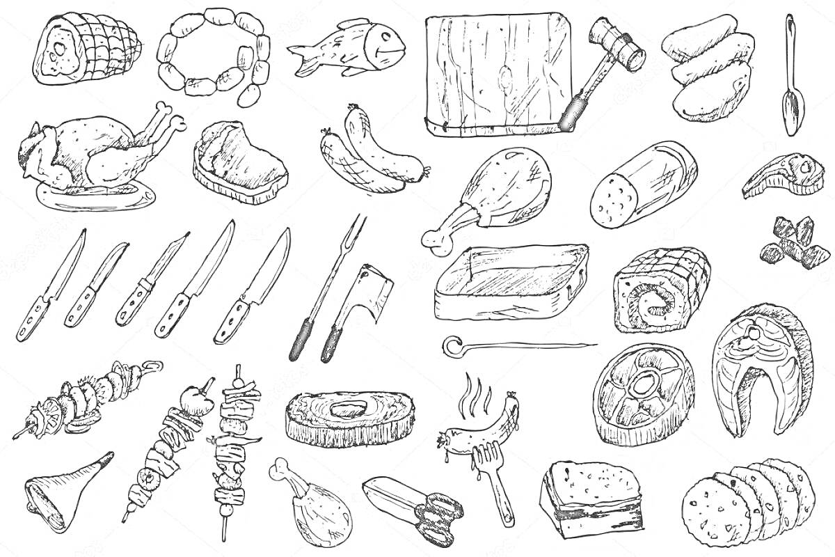 Раскраска различные мясные продукты и инструменты, включая колбасу, курицу, рыбу, стейк, ножи, разделочную доску, топорик, сосиски, груду шампуров, ребра, карбонат, отбивной молоток, мясорубку, мясные палочки, жареное мясо с костями, хлеб, параллелепипедную вырезку