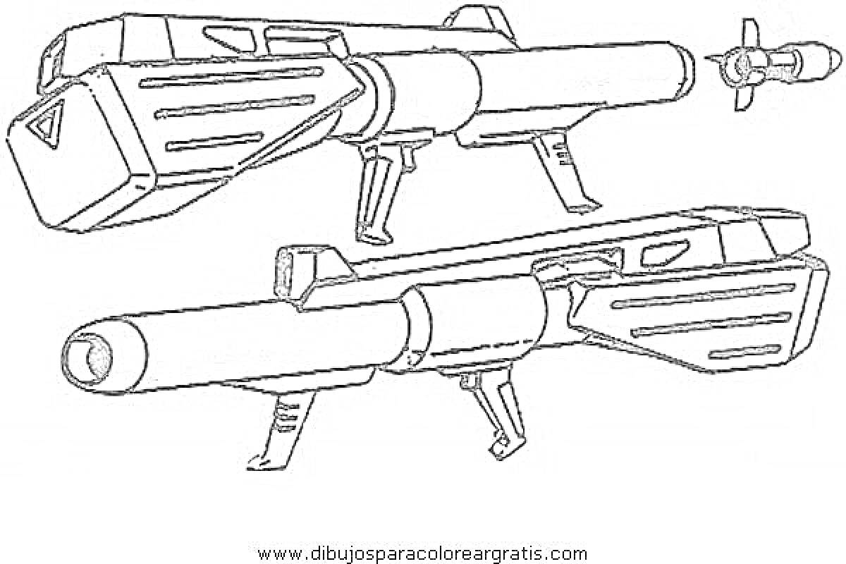 Раскраска Гранатомет с ракетой и деталями корпуса, вид сбоку и без подпорки