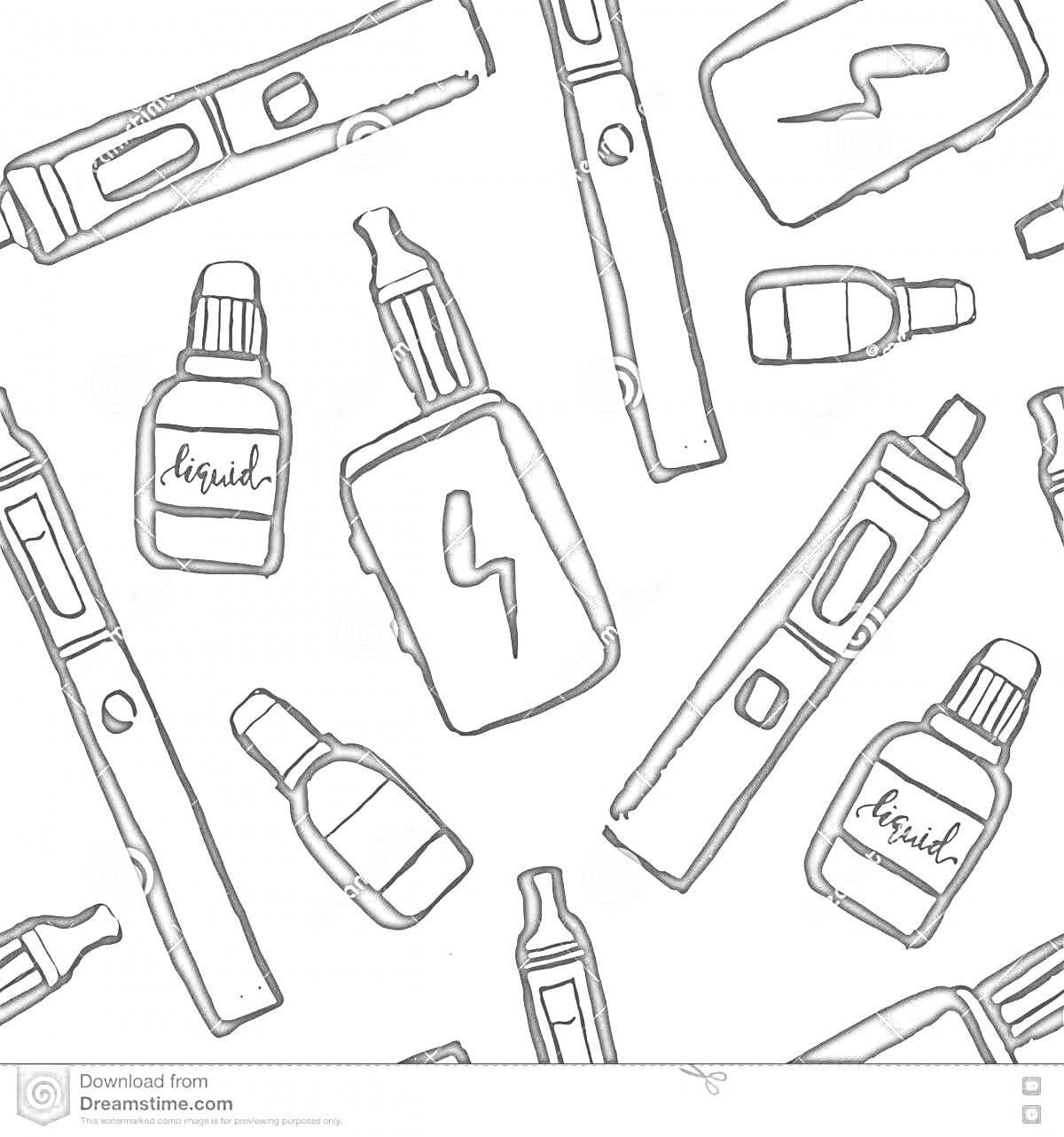 На раскраске изображено: Вейп, Электронная сигарета, Бутылка
