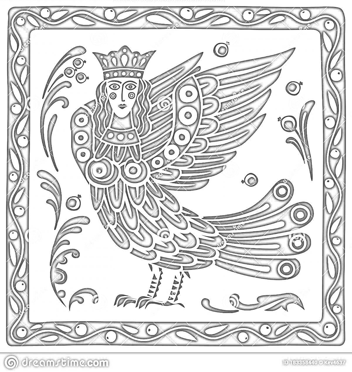 Раскраска Сирин птица с короной, окруженная цветами и декоративной рамкой