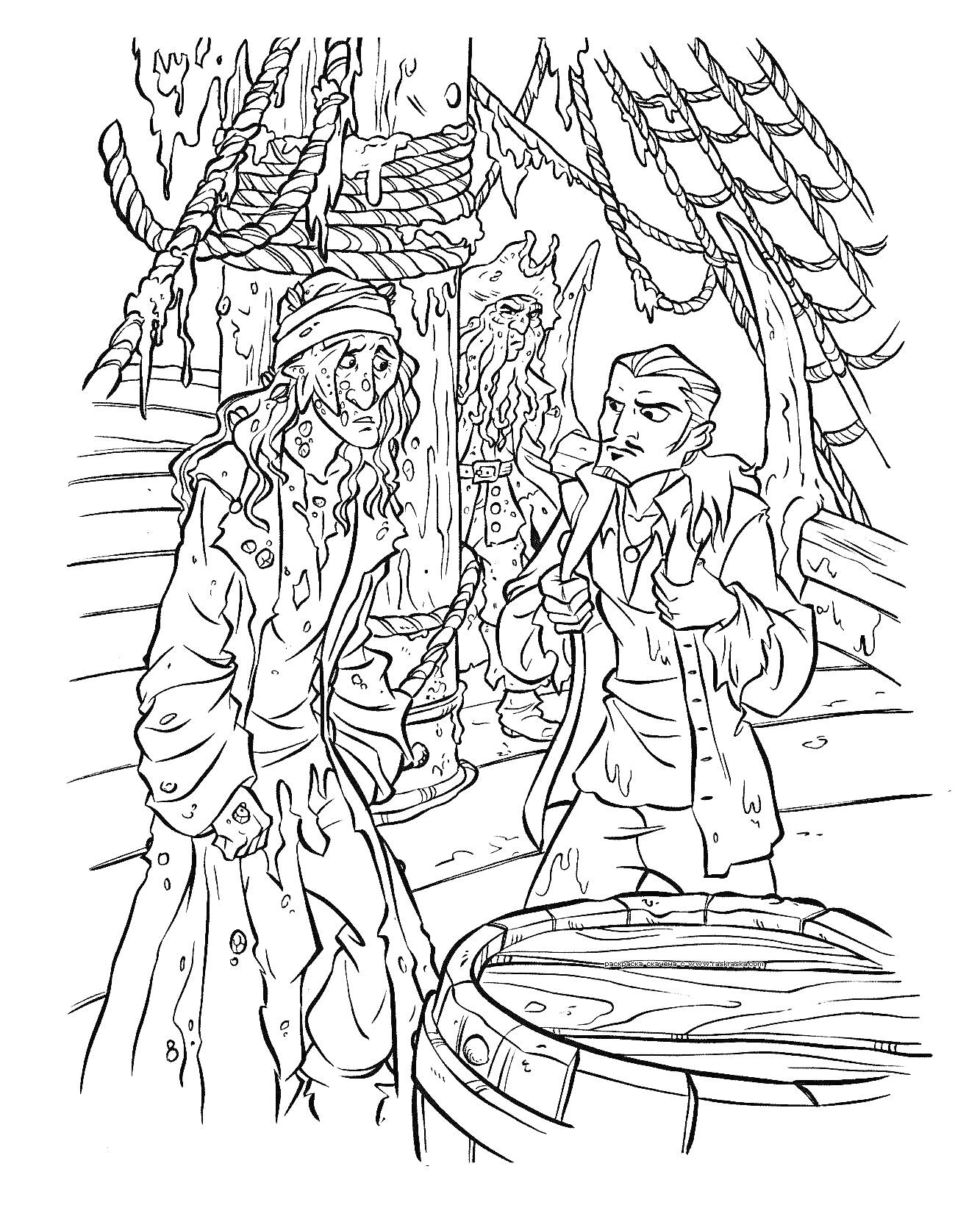 РаскраскаПираты на палубе корабля с повреждёнными фигурами, смотрящие друг на друга, и бочка на переднем плане