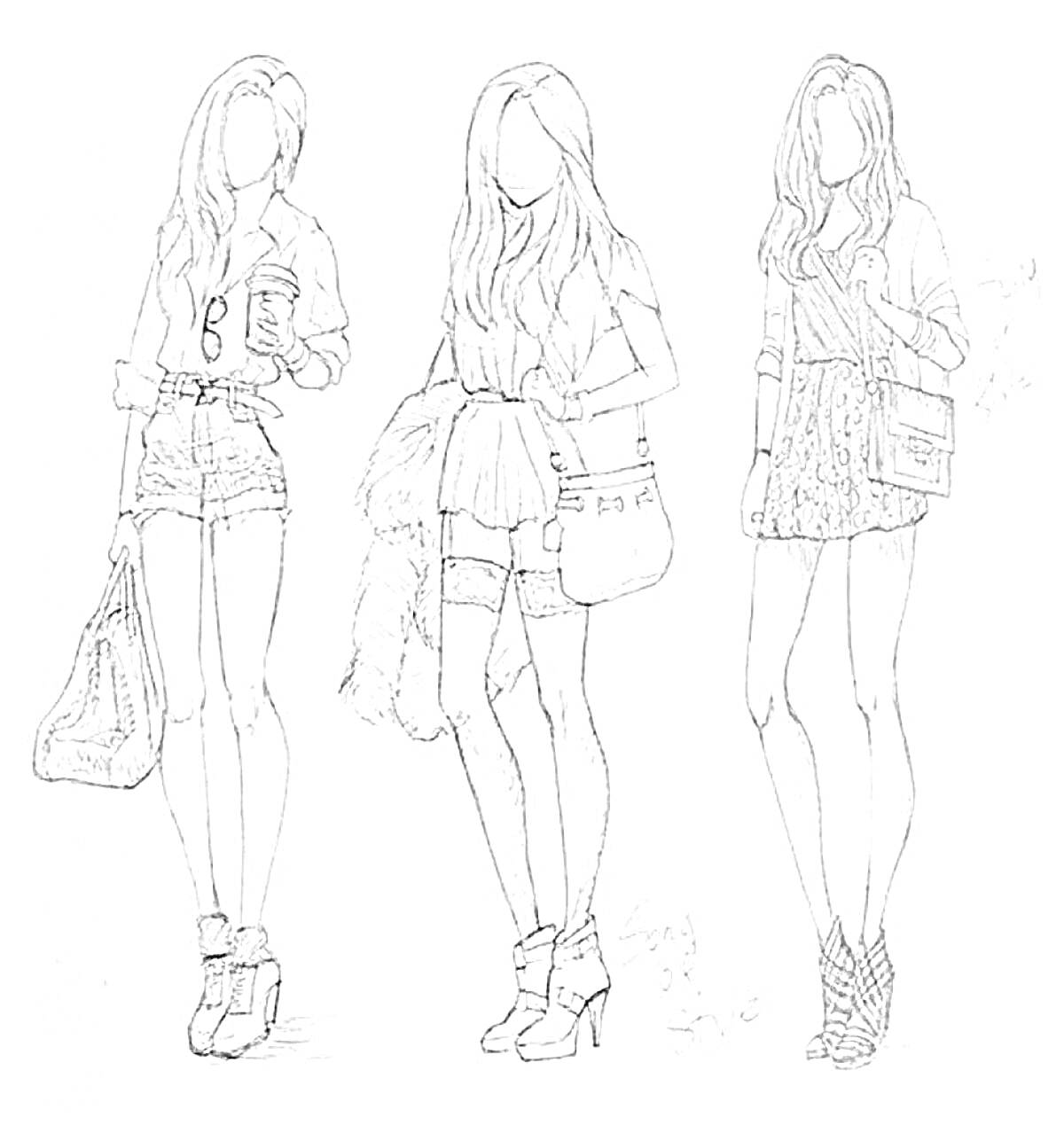 Раскраска Девушки в модной одежде, с сумками и аксессуарами