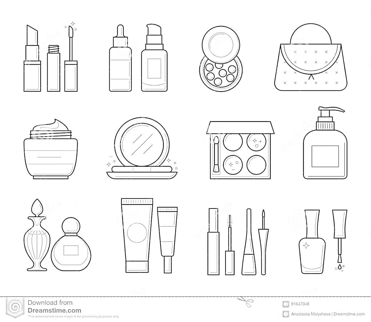На раскраске изображено: Губная помада, Кисть для макияжа, Крем, Косметичка, Пудреница, Тени для век, Парфюм, Лак для ногтей