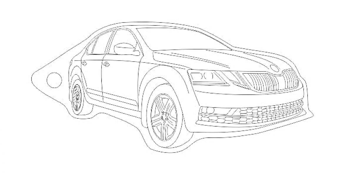 Раскраска Чёрно-белая раскраска автомобиля Шкода с детализацией колёс, фар, решётки радиатора и дверей.