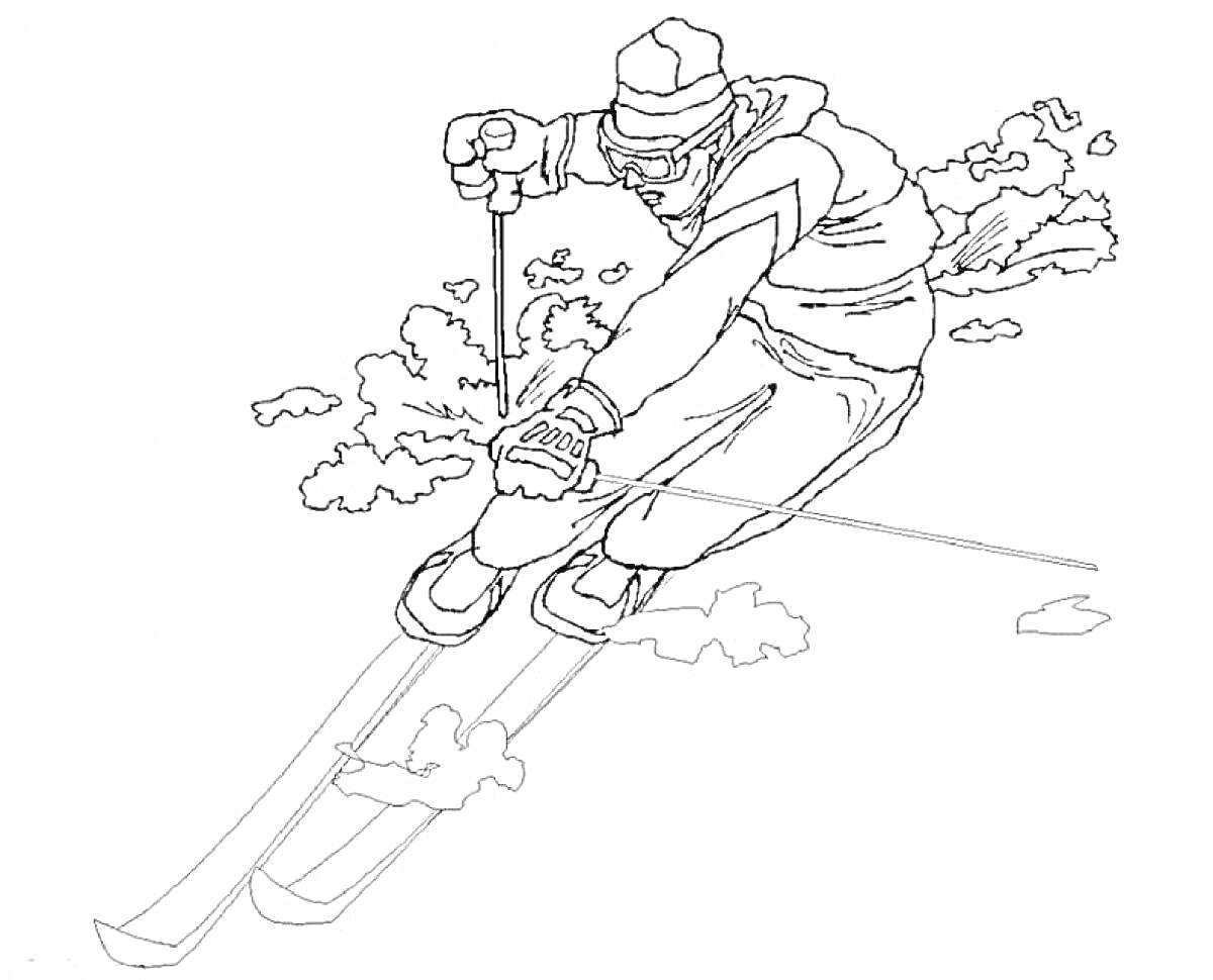 На раскраске изображено: Лыжник, Зима, Лыжи, Зимние виды спорта, Шапка, Очки, Костюм, Снег, Для детей
