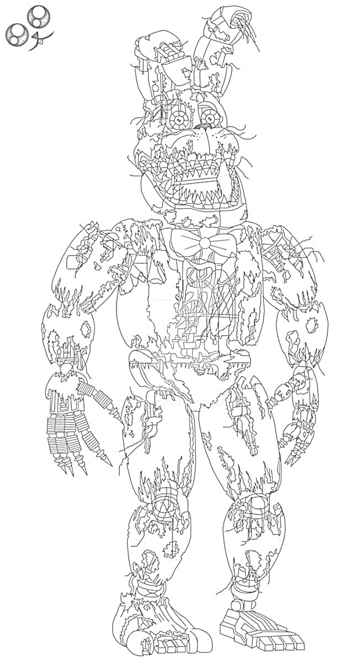 Раскраска Разрушенный аниматроник Бонни с механическими деталями и повреждениями