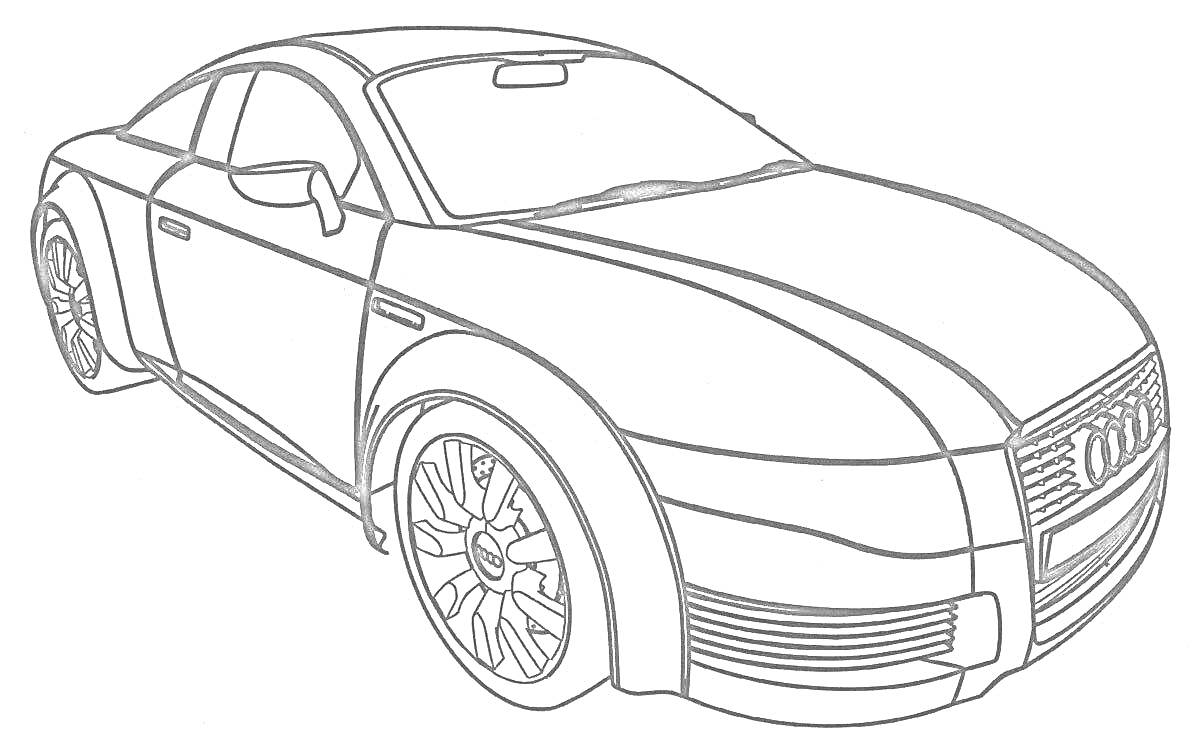 Раскраска Легковой спортивный автомобиль с передними и задними фарами, дисковыми тормозами и эстетичным дизайном