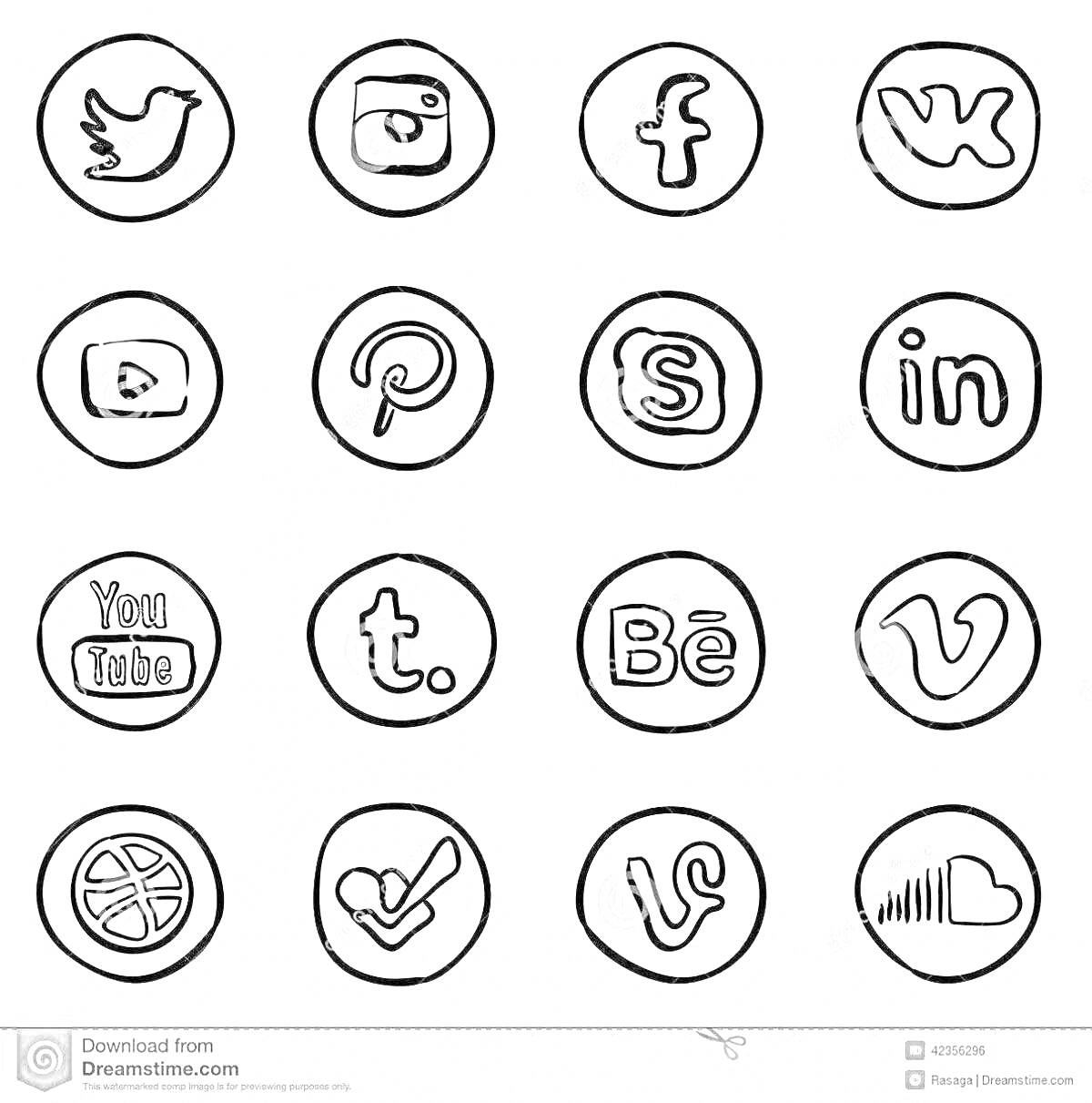 Логотипы социальных сетей, нарисованные в контуре круга. Логотипы включают следующие соцсети: Twitter, Instagram, Facebook, VK (ВКонтакте), YouTube, Pinterest, Skype, LinkedIn, Tumblr, Behance, Vimeo, Dribbble, Foursquare, Vine, SoundCloud.