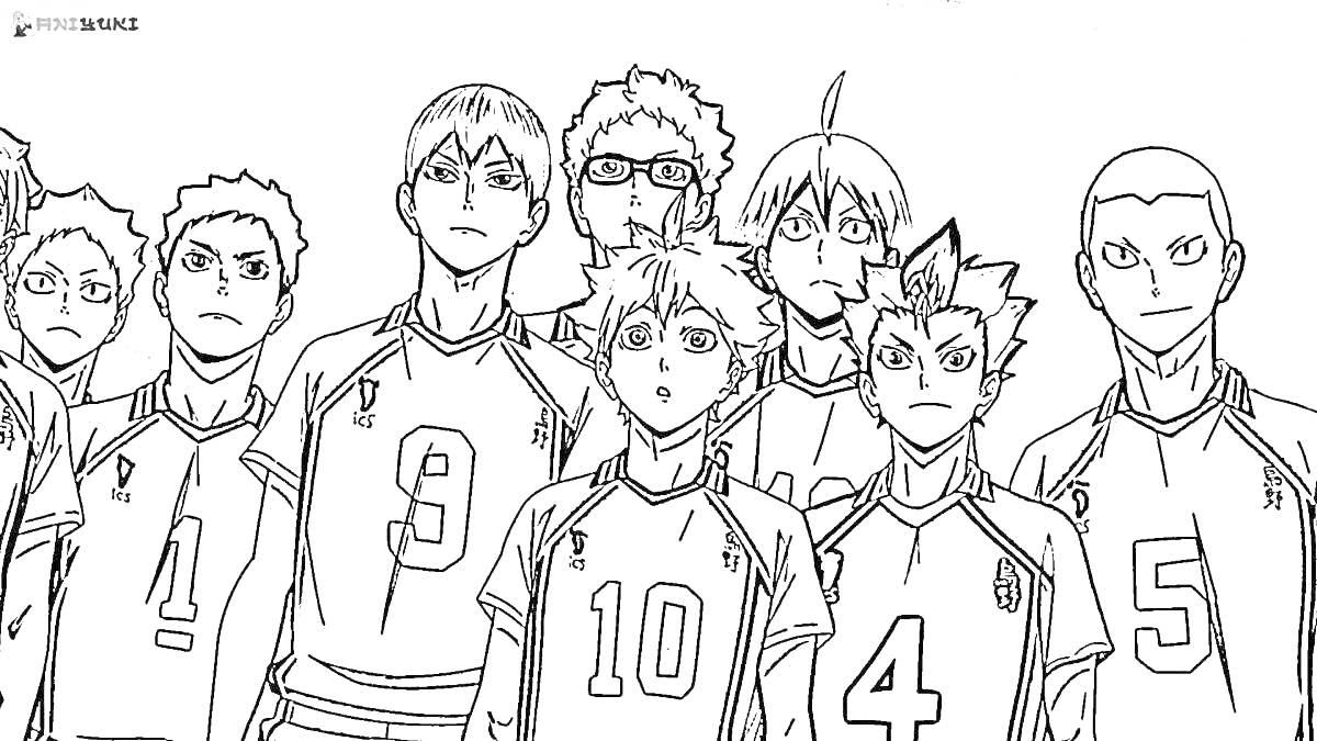 Раскраска Группа волейболистов из аниме в спортивной форме с номерами 1, 9, 10, 4 и 5