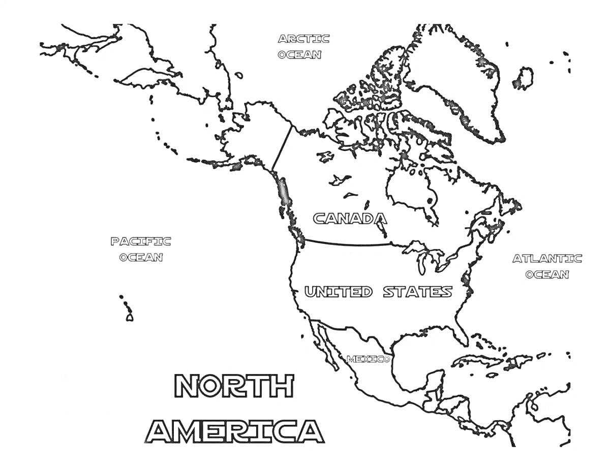На раскраске изображено: Северная Америка, Карта, Канада, Тихий океан, Атлантический океан, География