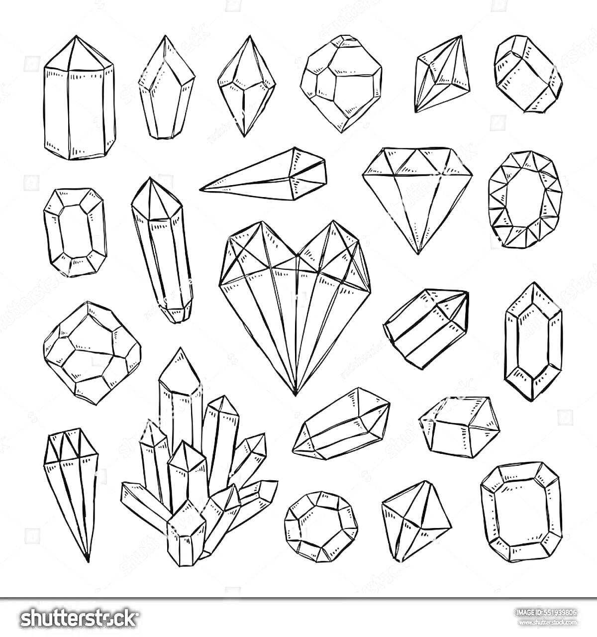 На раскраске изображено: Кристаллы, Прямоугольные, Минералы, Драгоценные камни, Геометрические формы