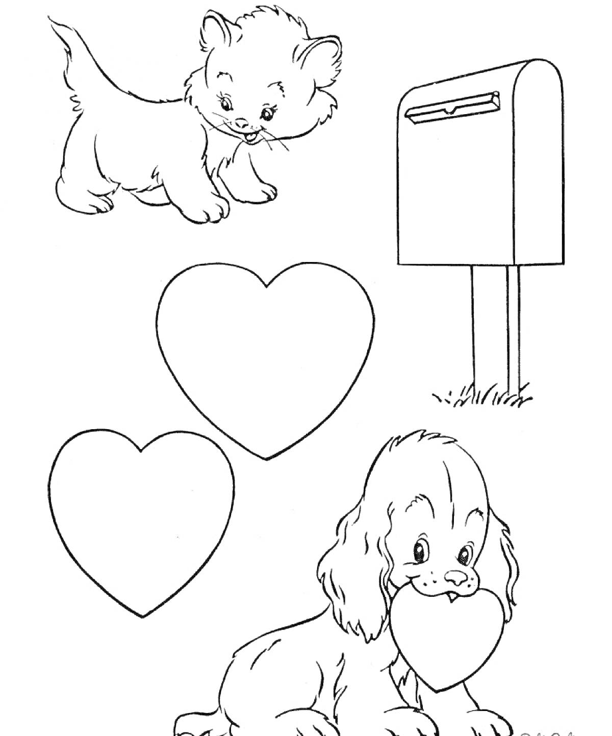 На раскраске изображено: Почтовый ящик, Сердца, Животные