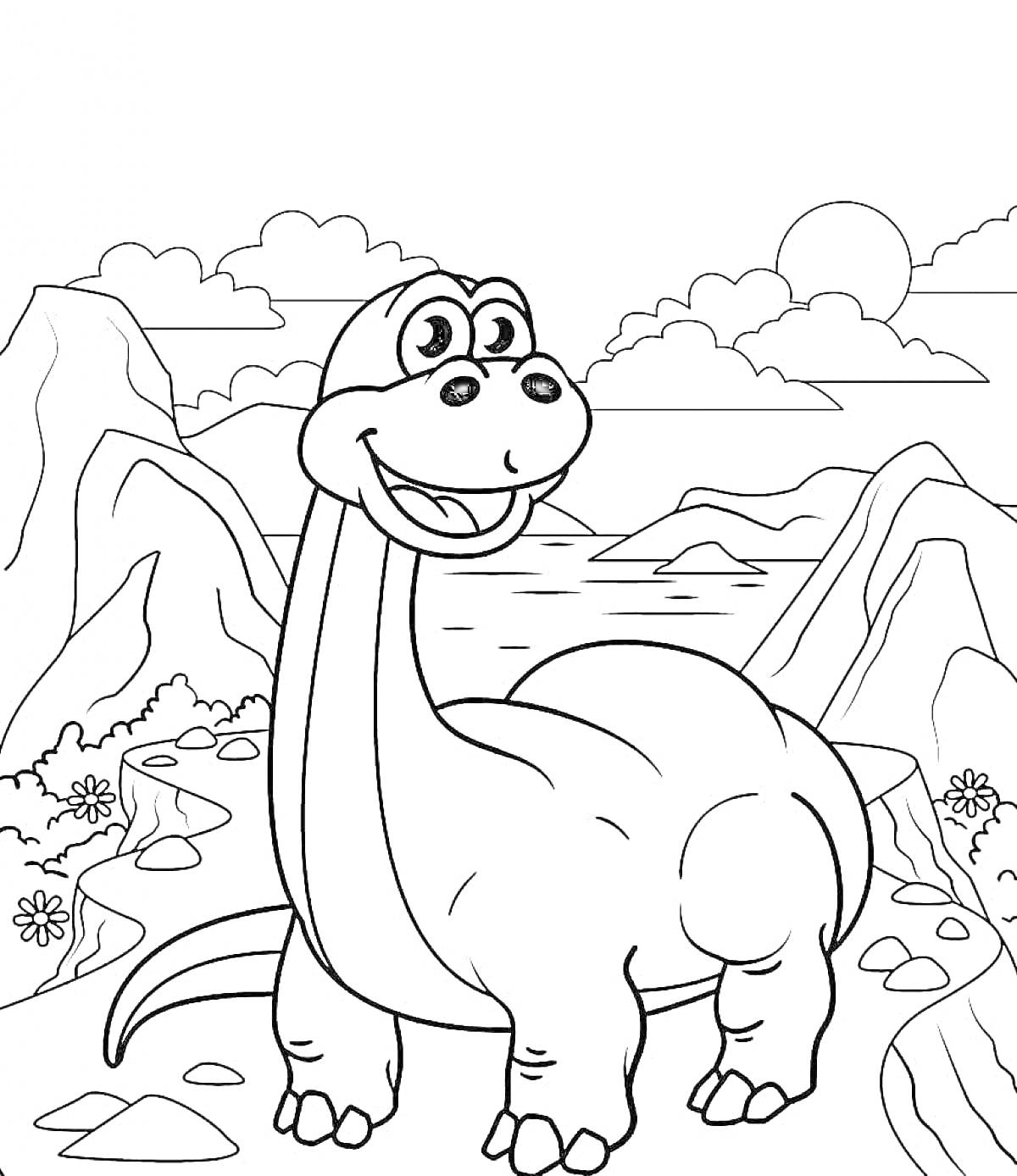 Раскраска улыбающийся динозавр в горах с озером и цветами на переднем плане