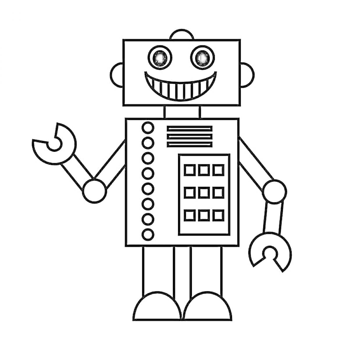 На раскраске изображено: Робот, Широкая улыбка, Руки, Ноги, Кнопки, Круглые глаза, Для детей