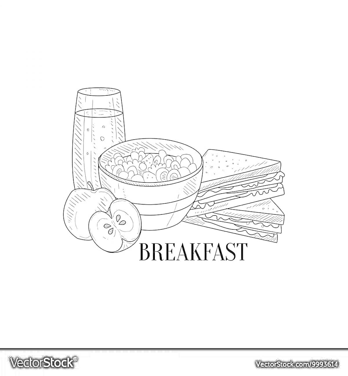 На раскраске изображено: Завтрак, Каша, Яблоко, Сэндвич, Сок, Еда для детей, Еда