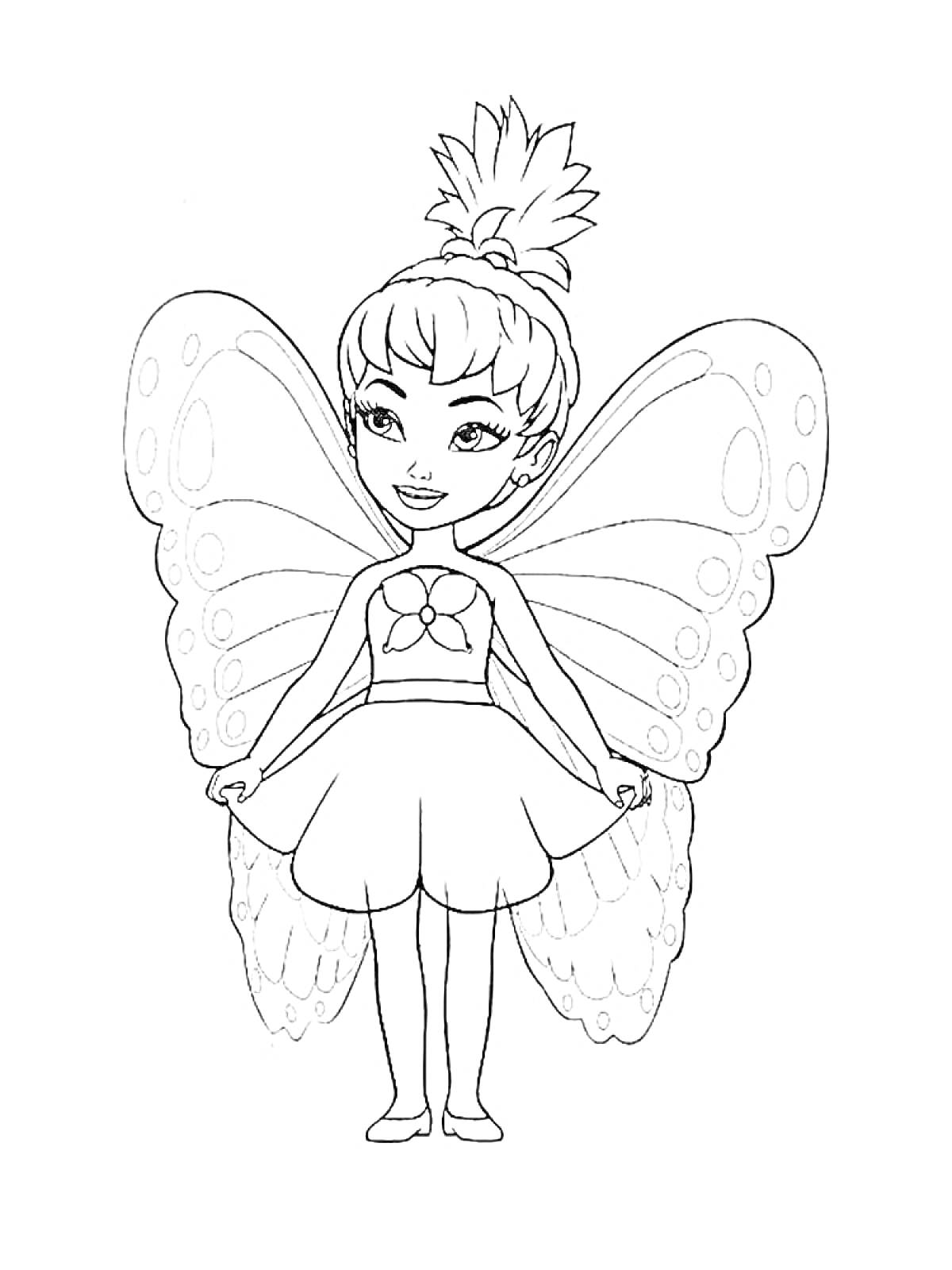 Раскраска Фея с бабочковыми крыльями, волосы в пучке, цветочная накидка, юбка и туфельки