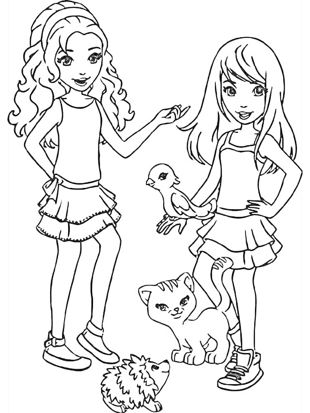 Раскраска Две девочки Лего Френдс с птицей, котом и ежиком