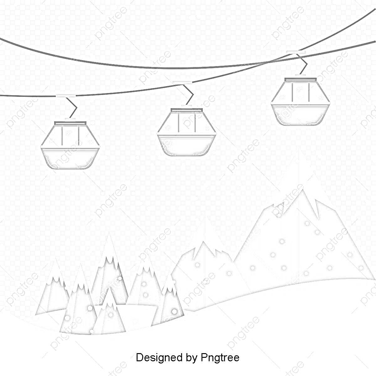 Раскраска Канатная дорога с тремя кабинками на фоне гор