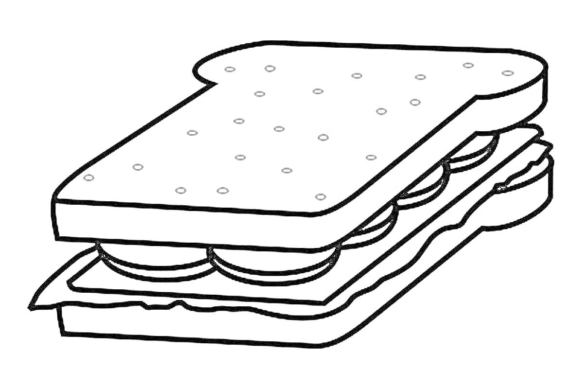 Раскраска Бутерброд с двумя ломтиками хлеба, кусочками колбасы или сыра внутри и листом салата