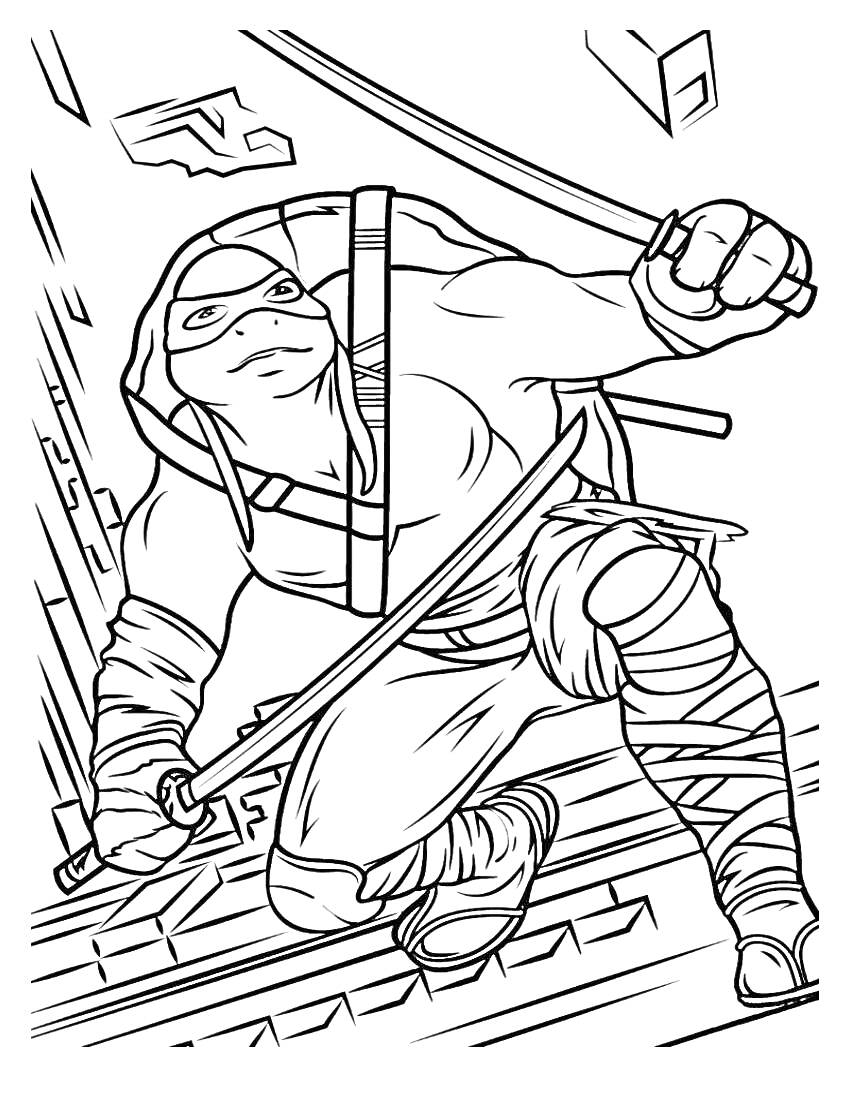 Раскраска Черепашка-ниндзя Леонардо с мечом в боевой позе на крыше