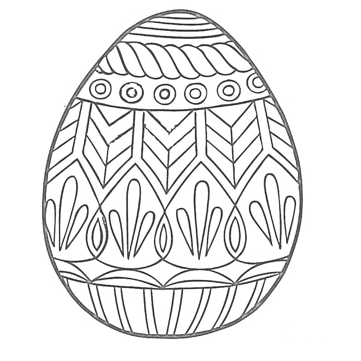 Раскраска Праздничное пасхальное яйцо с геометрическими узорами и цветочными элементами