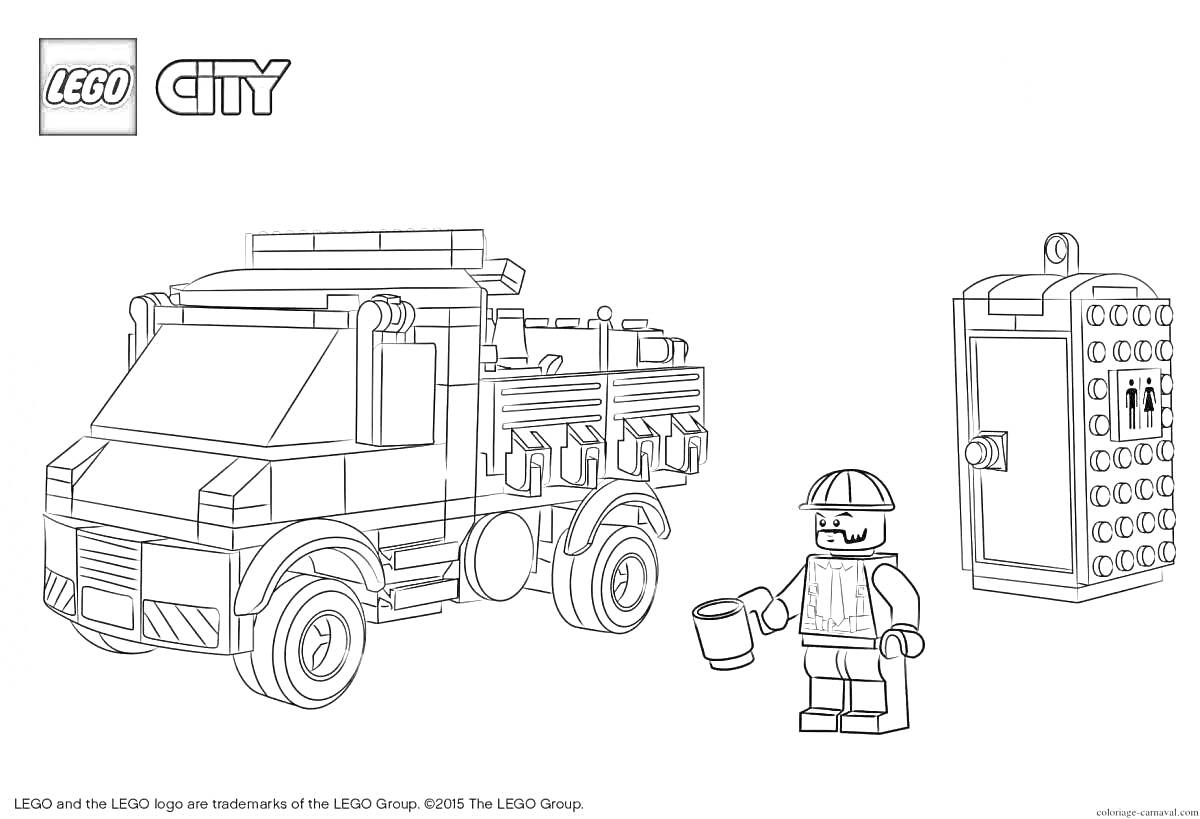 Раскраска Грузовик, рабочий с ведром и электрическая панель в лего городе