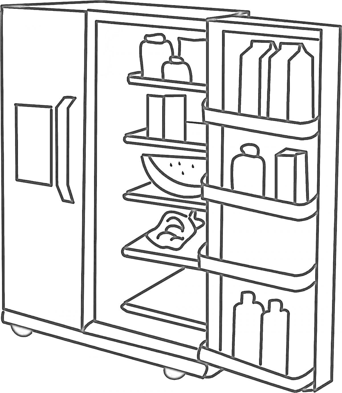 Раскраска Холодильник с полками, бутылками, коробками сока, посудой с едой и упаковкой еды