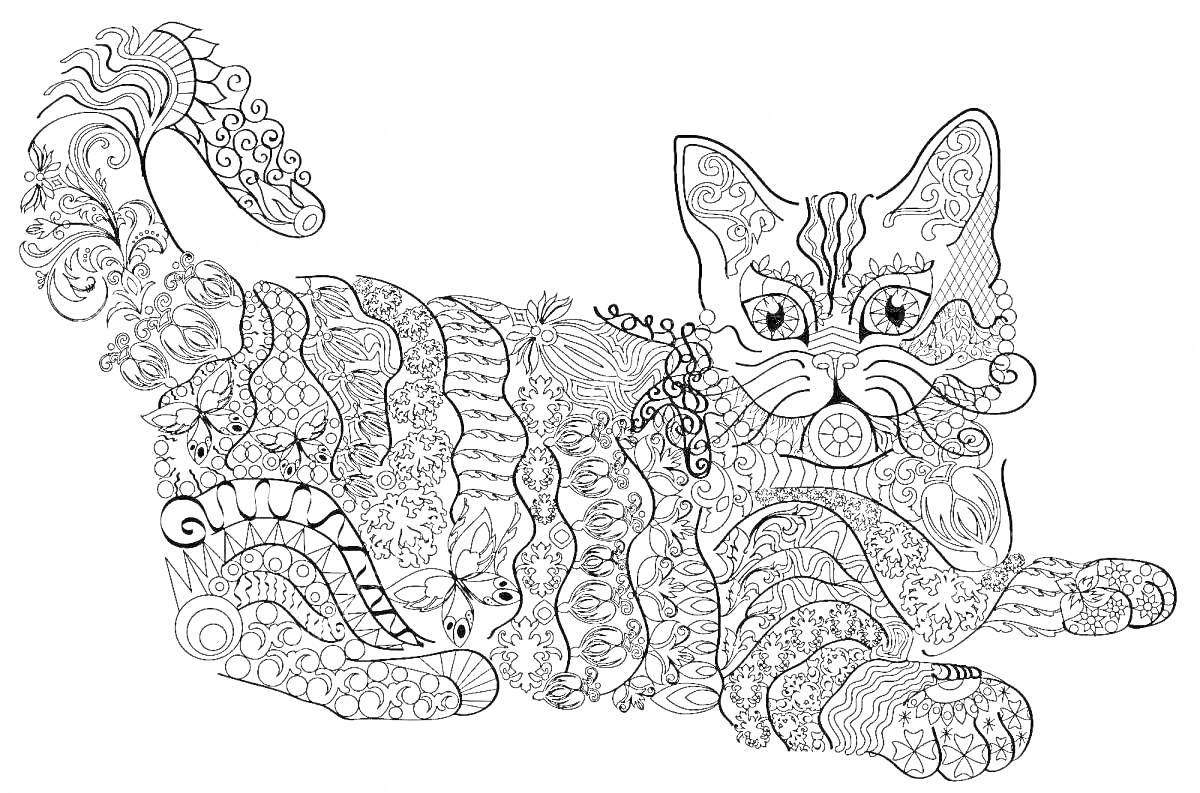 Раскраска Котик лежащий на животе, украшенный сложными узорами и декоративными элементами