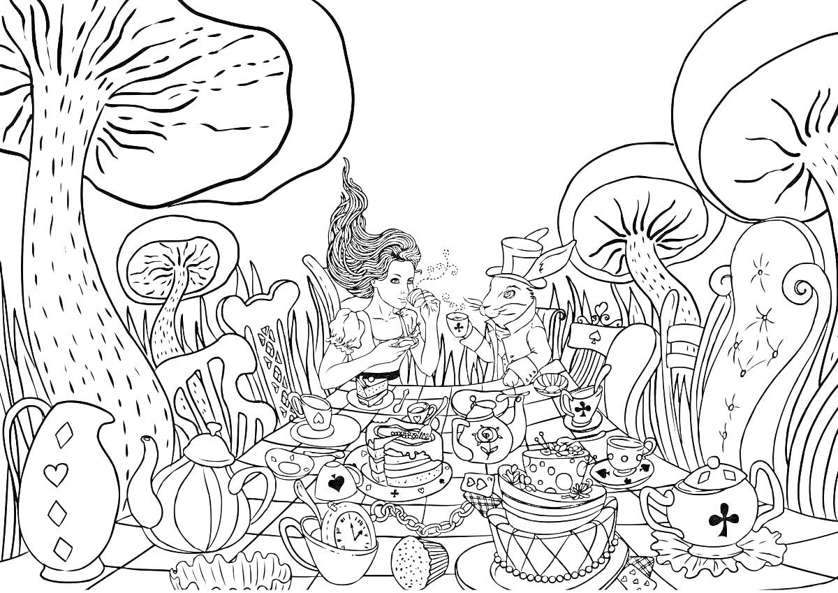 Раскраска Чудо чай с девочкой, кроликом в шляпе, чашками, чайниками и пирожными среди гигантских грибов