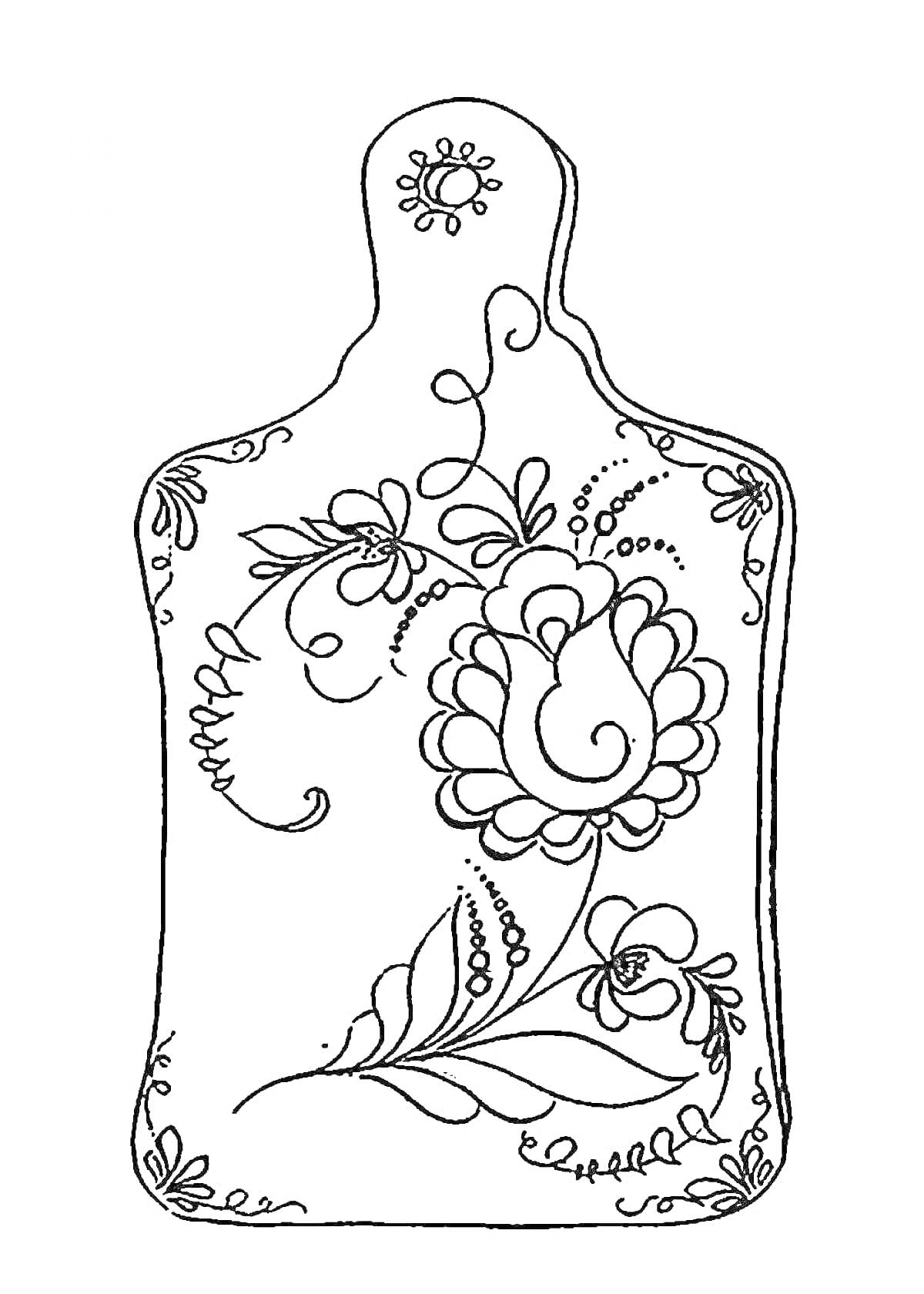 На раскраске изображено: Разделочная доска, Цветочный орнамент, Цветы, Завитки, Узоры