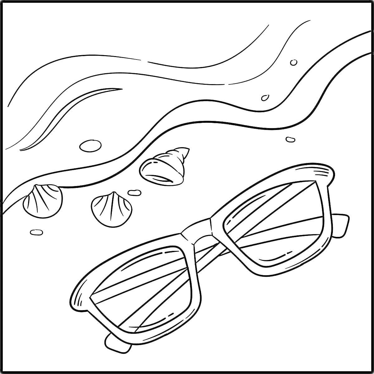 Раскраска Очки на пляже с ракушками и волнами