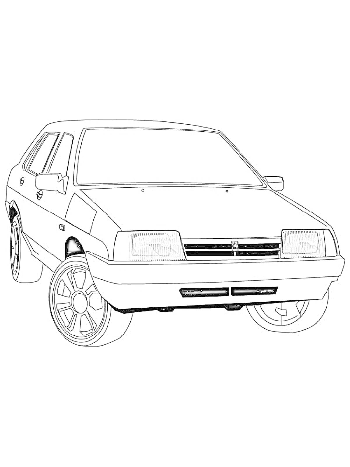 Раскраска ВАЗ 2114 с передними фарами, боковыми зеркалами, передними и задними колесами