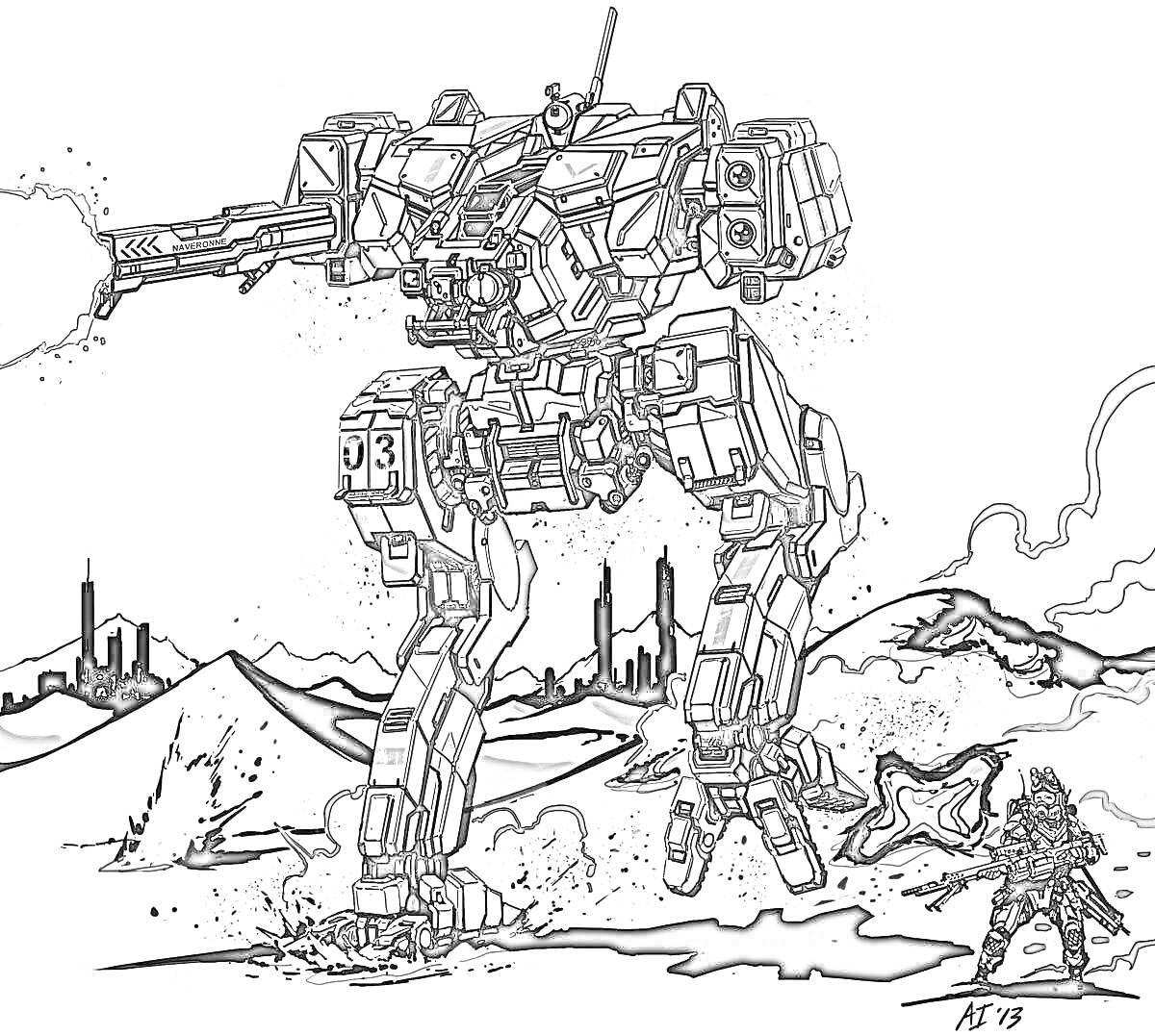На раскраске изображено: Боевой мех, Огнестрельное оружие, Разрушенный город, Горы, Солдат, Sci-Fi, Робот, Битва, Будущее