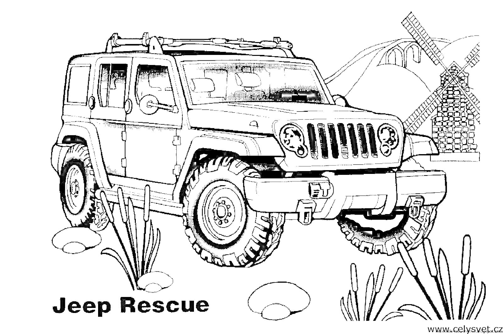 Внедорожник Jeep на фоне мельницы и растений