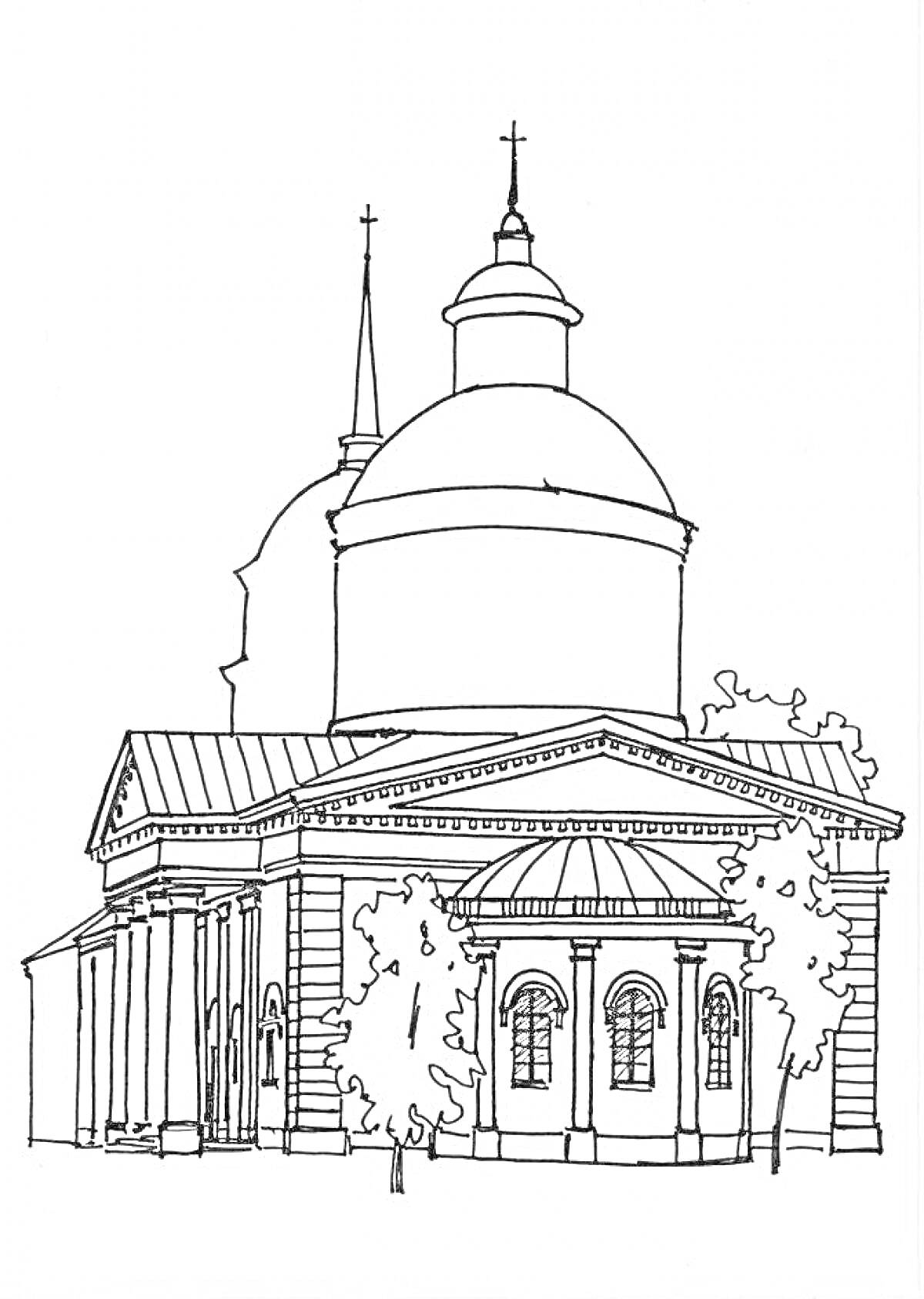 Раскраска Вид на храм с куполами, арками, колоннами и деревьями в Воронеже