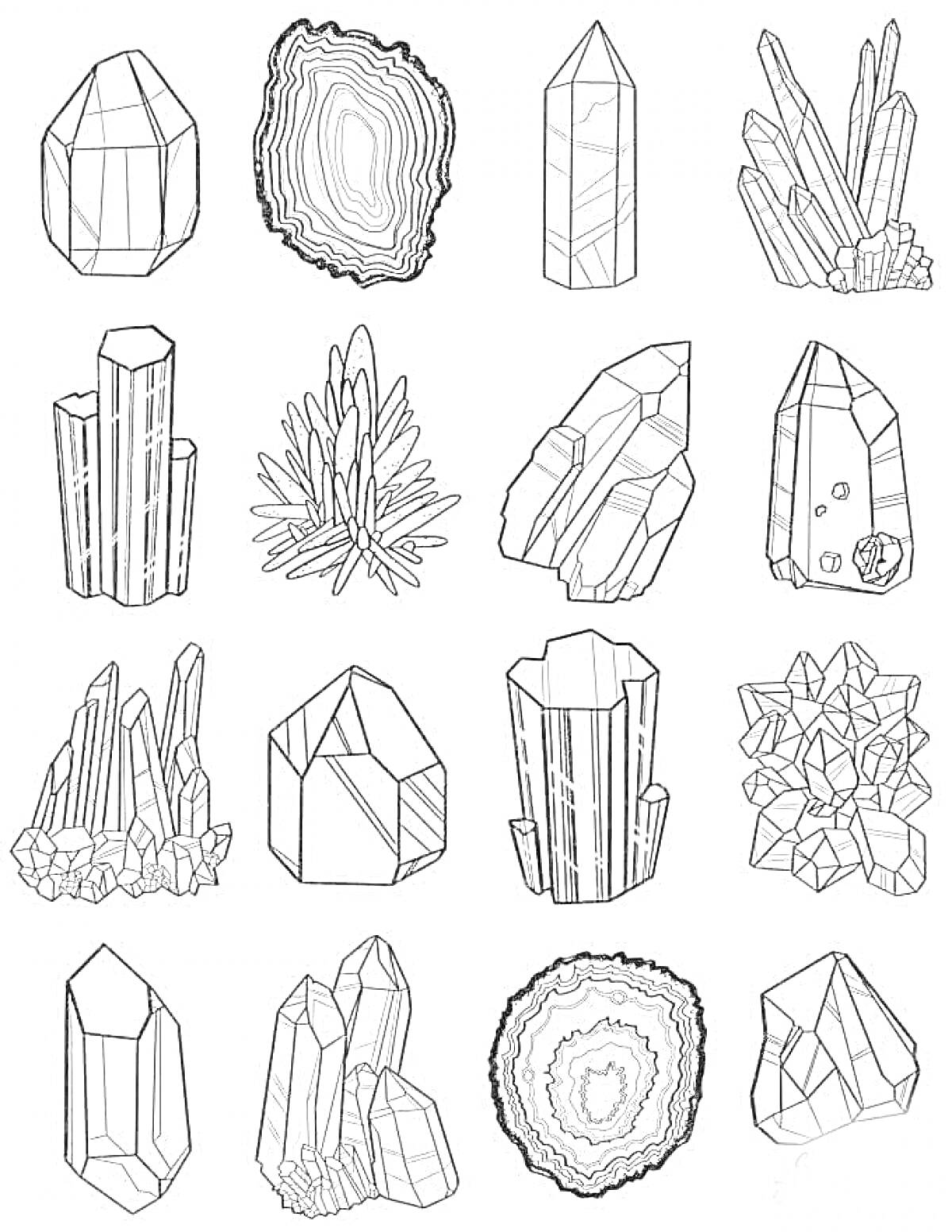 Раскраска Набор геометрических камней и кристаллов: одиночные кристаллы, кристаллические кластеры, агат с концентрическими слоями