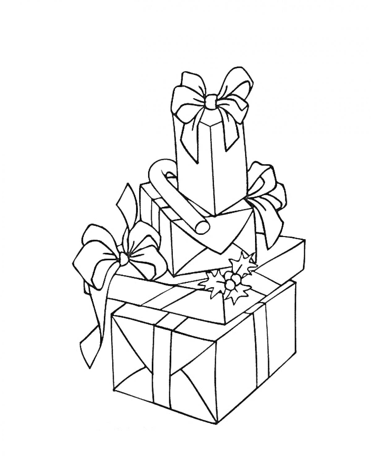 Раскраска Подарочные коробки с бантиками и леденцом