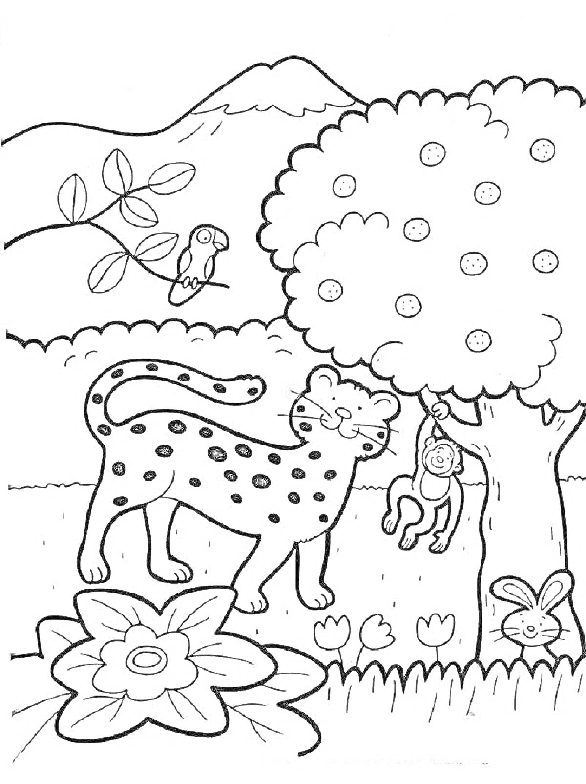 На раскраске изображено: Леопард, Яблоня, Кролик, Природа