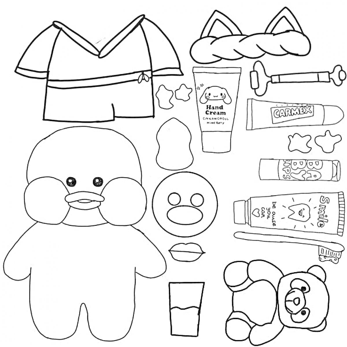 Раскраска Уточка Лалафанфан с одеждой и аксессуарами (утенок, рубашка с шортами, обруч с ушками, тюбики крема, ножницы, мыло, банный мыльный пузырь, плюшевый медведь, стакан)