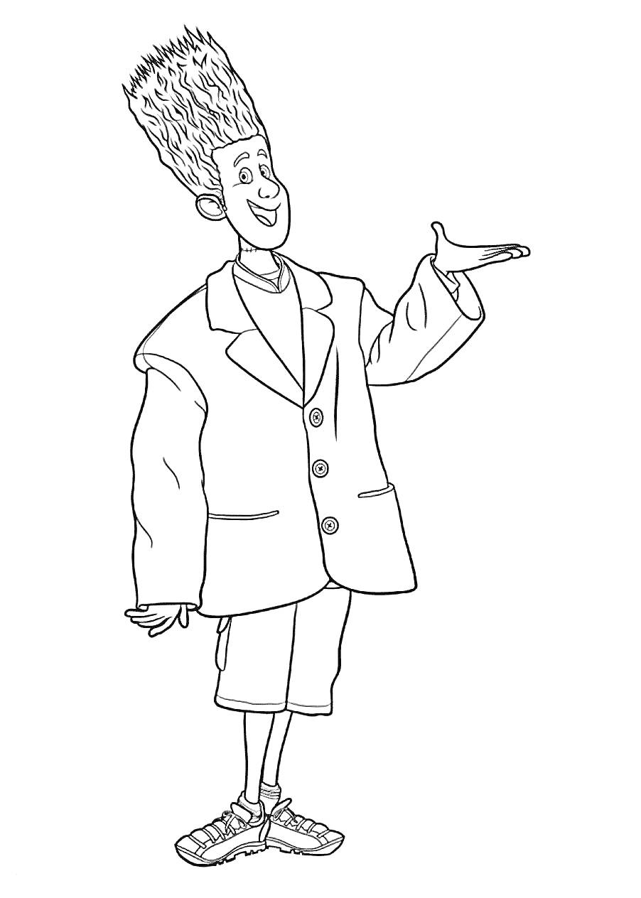 Мужчина с высокой прической, в большом пиджаке на пуговицах, длинных шортах и кроссовках, протягивающий руку в жесте приглашения или демонстрации.